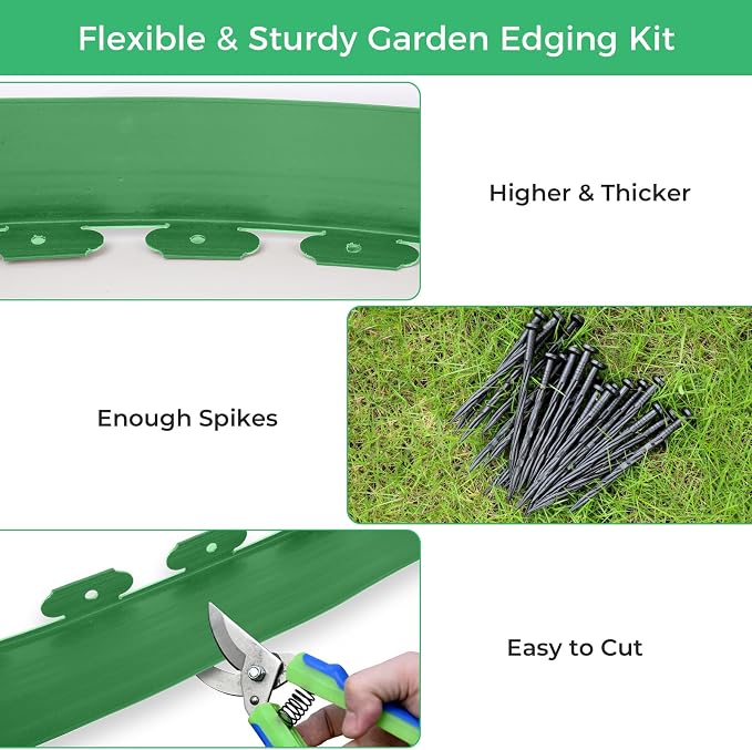 4-Inch x 33 FT Landscape Edging Border with 50 Spikes, Garden Edging Lawn Edging Border Kit, Plastic Edging Border Flexible for Garden Flower Beds Lawn Yard Pathway (Green)