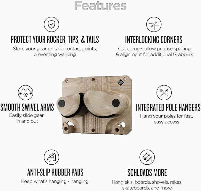 Gravity Grabber - Ultimate Wall Storage Rack for Skis and Snowboards | Damage-Free Storage | Fits Any Ski or Snowboard | (Light Wood, 1)