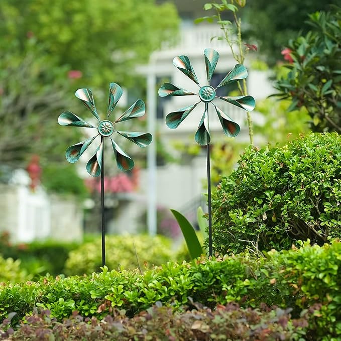 DREAMYSOUL 2 Pack Wind Spinners Outdoor, 10" Dia Metal Pinwheels for Yard and Garden, Kinetic Wind Sculptures & Spinner Outside (Bronze)