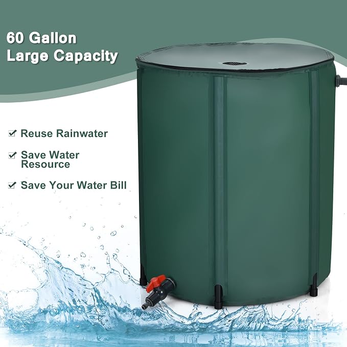 Goflame Rain Barrel Water Collector Portable Foldable Collapsible Tank,Spigot Filter Water Storage Container, Green (60 Gallon)