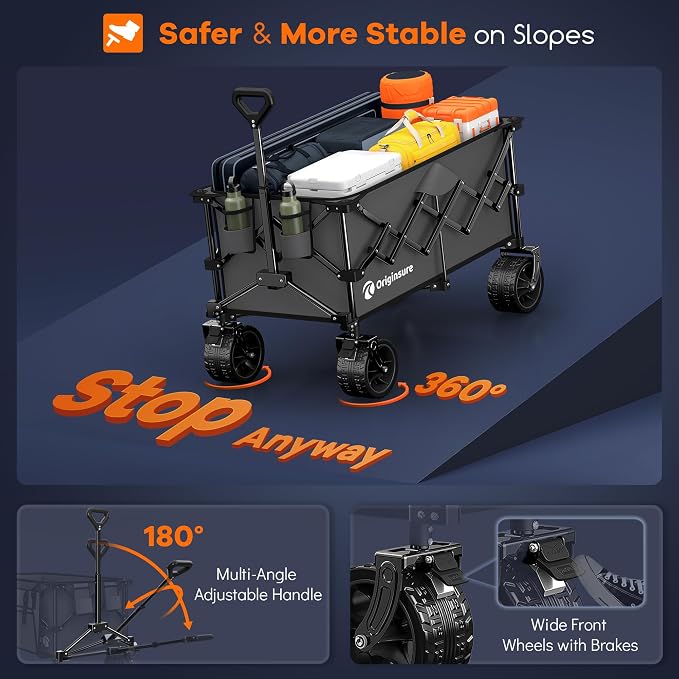 Originsure 220L Collapsible Wagon Cart Foldable, 460lbs Load Capacity Heavy Duty Folding Beach Wagons with Big All-Terrain Wheels, Utility Carts for Groceries, Shopping, Camping, Sports - Grey