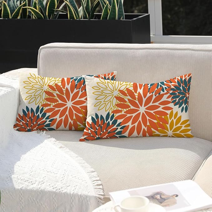 DFXSZ Orange Yellow Flower Pillow Covers 12x20 Inch Set of 2 Fall Throw Pillows Outdoor Waterproof Decor for Living Room Sofa Patio Funiture Garden Floral Polyester Pillow Covers 012E12