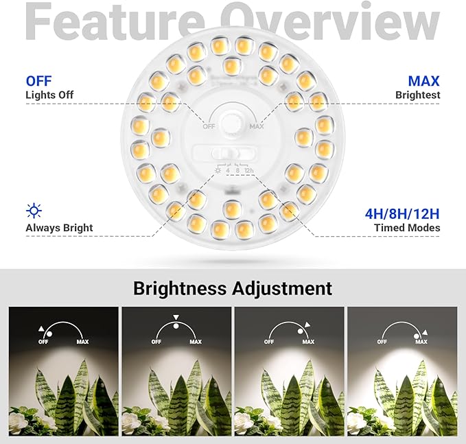 Barrina Orbgrow OG11A Grow Light Bulbs for Indoor Plants, Integrated Dimming & Timing, 4000K 33W(3 x 11W, 300 Watt Equiv), E26 Plant Light Bulb, Full Spectrum for Seeds and Greens, 3 Packs, Black