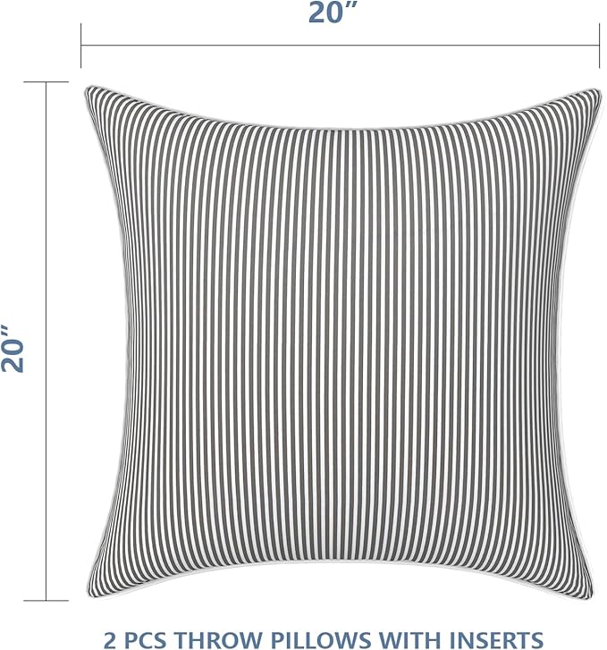 LVTXIII Outdoor Throw Pillows 20x20 Patio Waterproof Square Pillows with Piping Fade Resistant Accent Pillow for Spring Summer Garden Decoration, Set of 2, Strip Grey