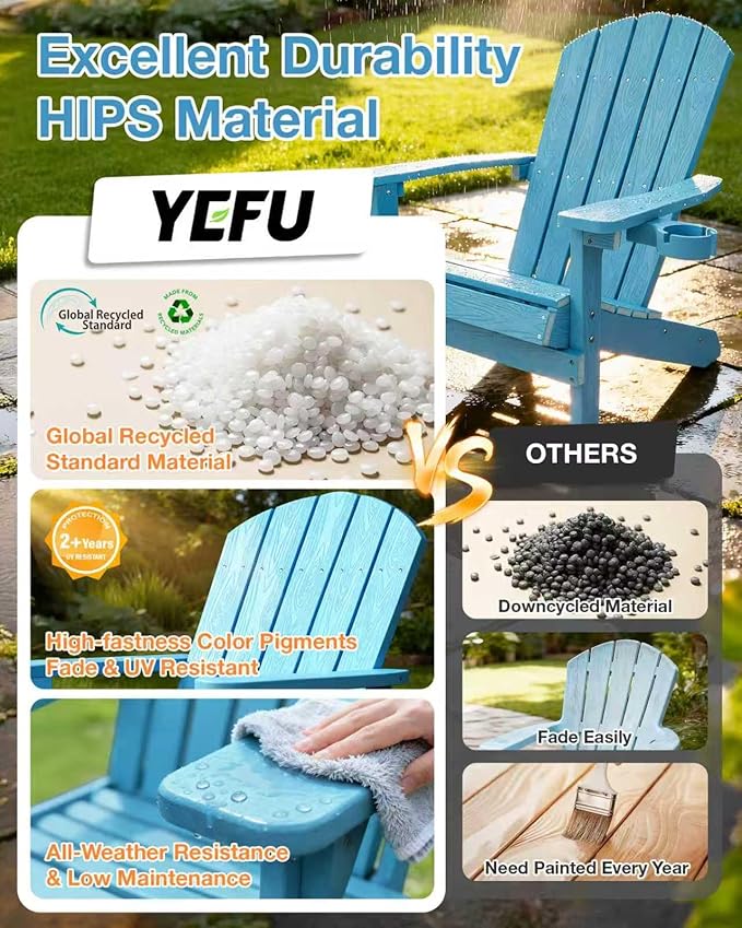 YEFU Adirondack Chair Weather Resistant: Outdoor Chair HIPS Plastic Adirondack Chairs - Patio Chairs with Cup Holder & Wood Texture - Lawn Fire Pit Deck Porch Garden Chairs for Adults (Blue)