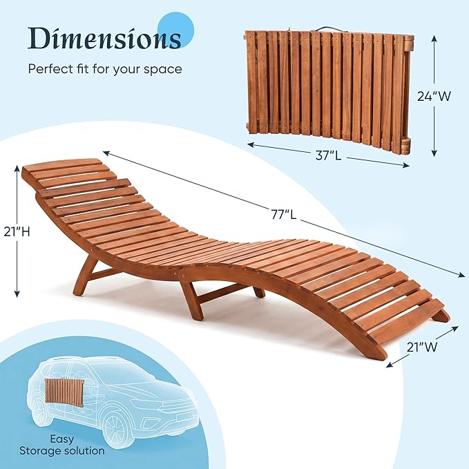 Flamaker Lounge Chairs for Outside Folding Acacia Wood Chaise Lounge with Side Handle Sun Lounger for Poolside, Lawn, Backyard (1 Piece)