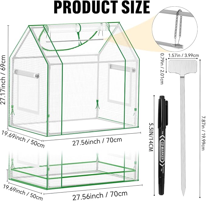 [CareForge] Mini Greenhouse Indoor with Grow Light & PE Bottom Mat, 27.5x19.6x27.1 Tabletop Greenhouse for Seed Starting, Portable Small Greenhouse for Outdoors, Multi-Window & 4 304 SS Labels