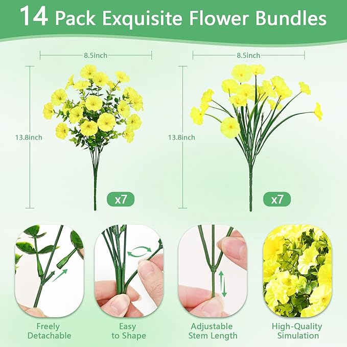 Yastouay Artificial Flowers for Outdoors, 14 Bundles Fake Outdoor Flowers, UV Resistant Artificial Plants & Flowers for Decoration, Yellow Realistic Morning Glory for Outdoor Porch Garden Decoration