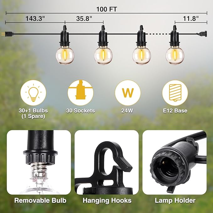 ZJOJO LED Outdoor String Lights,100FT Outdoor Lights for Patio with 32 Shatterproof Bulbs, 2700K Dimmable Waterproof Globe LED Patio Light Lights for Outside Christmas Backyard Bistro Porch Garden