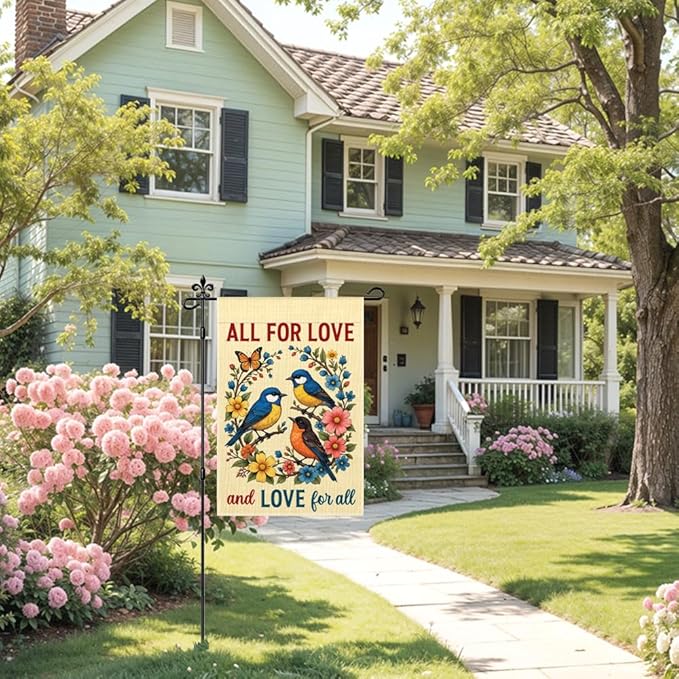All For Love And Love For All Garden Flag Double-Sided Yard Outdoor Decoration 12x18 Inch, Bird Flower Autumn Garden Flag, Inclusion Kindness Equality Pride Month Decoration Banner
