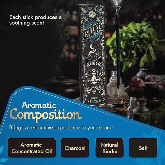 Ritual - Purification Incense Sticks, Purifying Comforting Aroma, 6 Sticks, 9 Inches Each, Natural Incense with Aromatic Concentrated Oil, Charcoal, Natural Binder & Salt - 1 Hour Burn Time