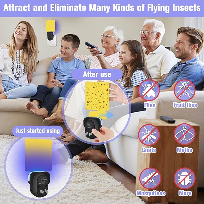 Flying Insect Trap Plug-in, Indoor Mosquito & Gnat Killer, Safe Non-Toxic UV Light Fly Catcher, Night Light Bug Trap with Sticky Pad for Flies, Gnats, Moths (2 Pack, Black)