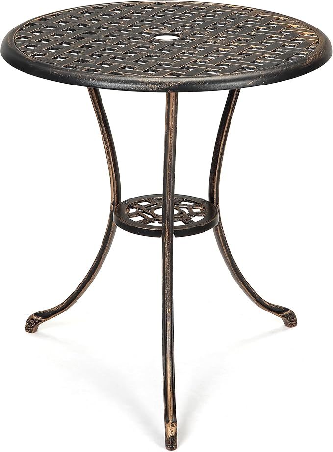GarveeHome Patio Bistro Table, 24" Round Outdoor Coffee Table with 2" Umbrella Hole, Outdoor Cast Aluminum Bistro Table Side Table with Iron Frame for Balcony Backyard Lawn and Garden, Rustic Brown