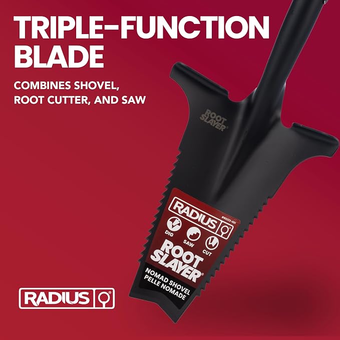 Root Slayer RS223 Nomad Mini Steel Garden Spade with Serrated Edge for Digging Soil and Roots, Compact Tool, Black