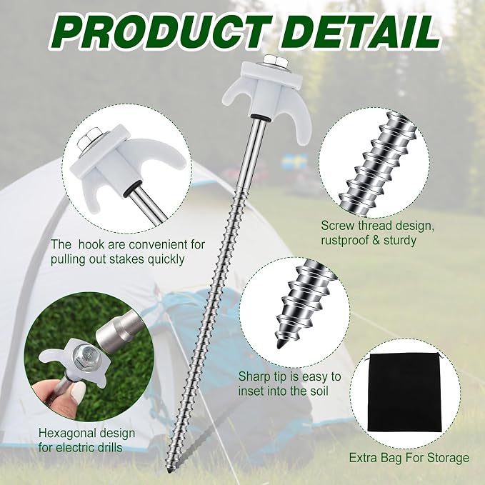 Yaocom 20 Pcs 8" Screw in Tent Stakes Heavy Duty Tent Stakes Drillable Ground Anchors Screw Metal Tent Pegs Threaded Tent Spikes with Head Driver for Swing Inflatable Decor (White)
