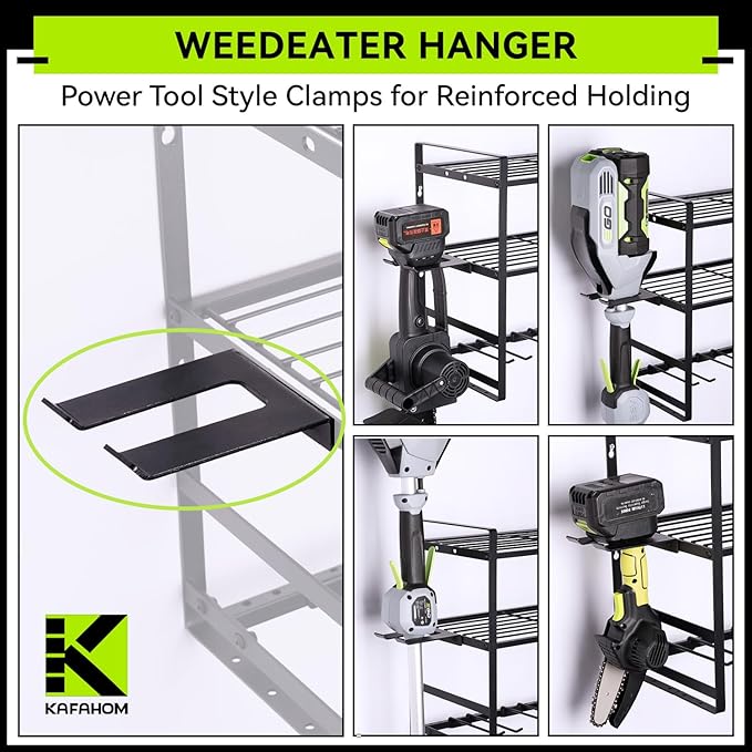 KAFAHOM Leaf Blower and Weed Eater Rack, Lawn Power Tool Organizer Wall Mount, Lawn Tool Storage Rack for Leaf Blower, Weed Eater, Battery, Charger,3-Tier Black