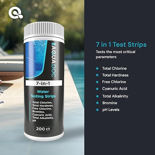 AquaDoc 7-in-1 Spa & Hot Tub Test Strips - 200 Pool Test Strips for pH, Chlorine, Hardness, Bromine, Cyanuric Acid, Alkalinity
