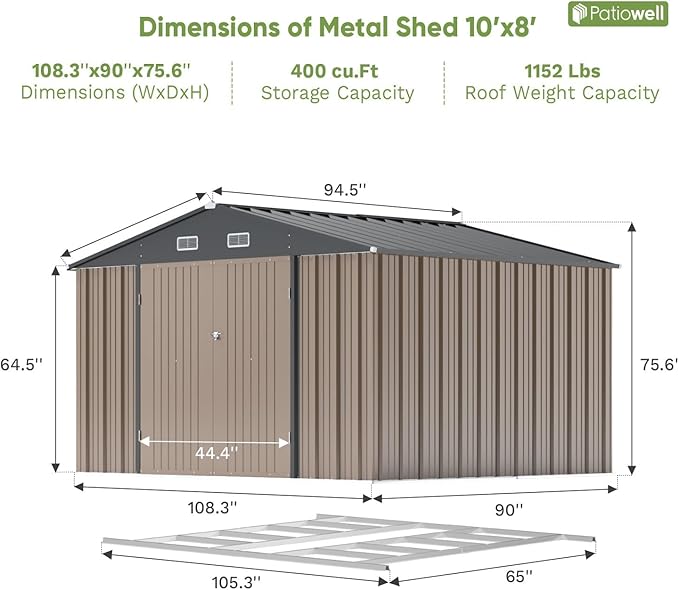 Patiowell 10 x 8 FT Outdoor Storage Shed with Floor Frame, Garden Metal Shed with Sloping Roof and Lockable Door, Large Tool Outside Sheds for Backyard Garden Patio Lawn, Brown