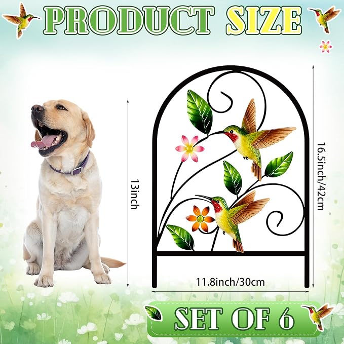Yaocom Hummingbird Decorative Garden Fence - 6 Pack Hummingbird Metal Fence Panels for Outdoor Yard Patio Decor - Cute Rustproof Flower Bed Border for Small Animal Barrier Spring Garden Accents