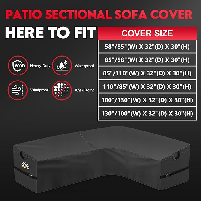 Zettum Outdoor L-Shaped Sectional Cover - 600D Patio Sectional Sofa Cover, Waterproof Patio Furniture Covers for 6-7 Seater Outdoor Sectional Sofa and Couch, Right Facing, 130x100 Inch Wide