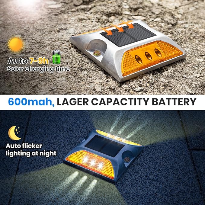 Solar Raised Pavement Marker High Brightness IP68 Waterproof Solar Powered Reflector Road Solar Blinker Light for Anti-diecast Aluminum Protruding Signs Safety Warning 8PCS (Yellow)