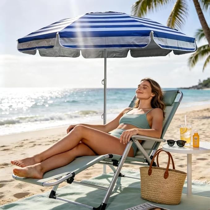 LOTTAFUN 6ft Beach Umbrella - Heavy Duty Wind Resistant UV 50+ Portable Sun Shade with Sand Anchor & Carry Bag, Outdoor Folding Umbrella for Beach, Pool, Patio, Garden (Blue strip)