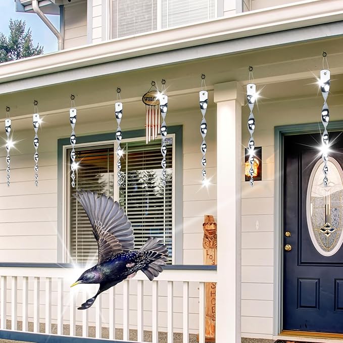 Factee 24 Pack Bird Reflective Rods for Outdoors, Woodpecker Deterrent Devices for House, Spiral Garden Bird Scare Reflectors, Hanging Mirror Twists for Yard, Patio, Garden, Farm, Decoration