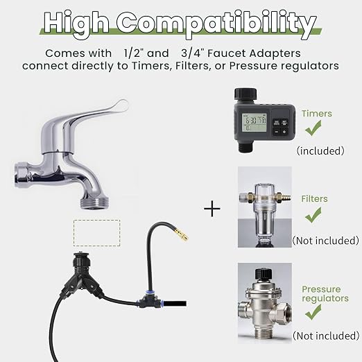 100FT Smart Drip Irrigation System with Water Timer – Automatic Garden Watering System with 360° Bendable Hose & 24 Adjustable Nozzles for Garden, Yard, Lawn,Compatible with 3/4" & 1/2" Hose