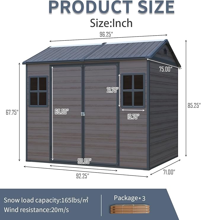 YOPTO 8x6 Ft Resin Outdoor Storage Shed Weather Resistant with Floor,Outdoor Resin Storage Shed W/ 2 Windows,Garden Tool House W/Lockable Door,Pitched Roof & 2 Air Vents,for Backyard,Patio,Lawn,Brown