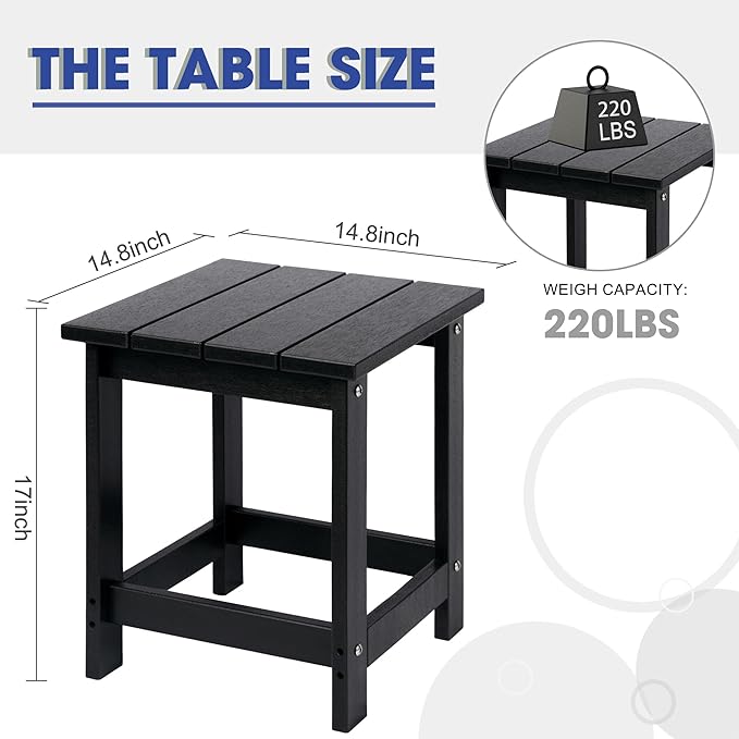 LZRS Square Patio Side Table, Heavy Duty HDPE Outdoor End Table with Wood Texture, Weatherproof Composite Table for Adirondack Chairs, Deck, Pool, Indoor/Outdoor, No Peeling or Cracking(Black)