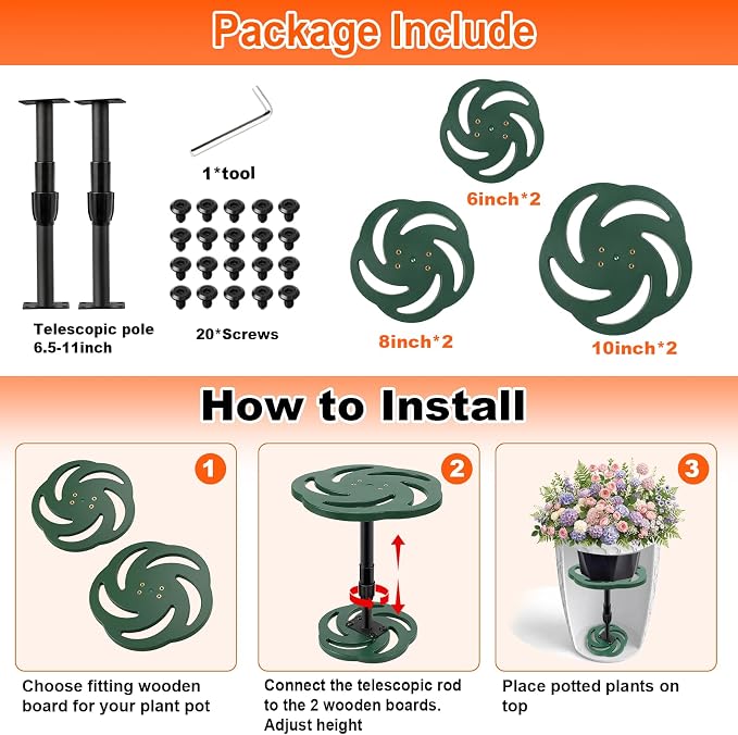 Axcoix 2 Pack Adjustable Height Plant Risers for Inside Pots, 7.5-12" Plastic Planter Inserts for Large Pots, Pot Fillers for Tall Square Round Taper Planters (6" 8" 10" Base or Top)