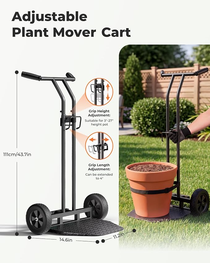 Brightown-Plant-Caddy-with-Wheels Heavy Duty, Ergonomic Plant Dolly for Elderly Gardeners with Adjustable Grabbing Arm,200 Lbs Capacity,All-Terrain Wheels,with Strap & Gloves for Indoor Outdoor, Black | Plant Caddy with Wheels Heavy Duty, 200 Lbs Capac...