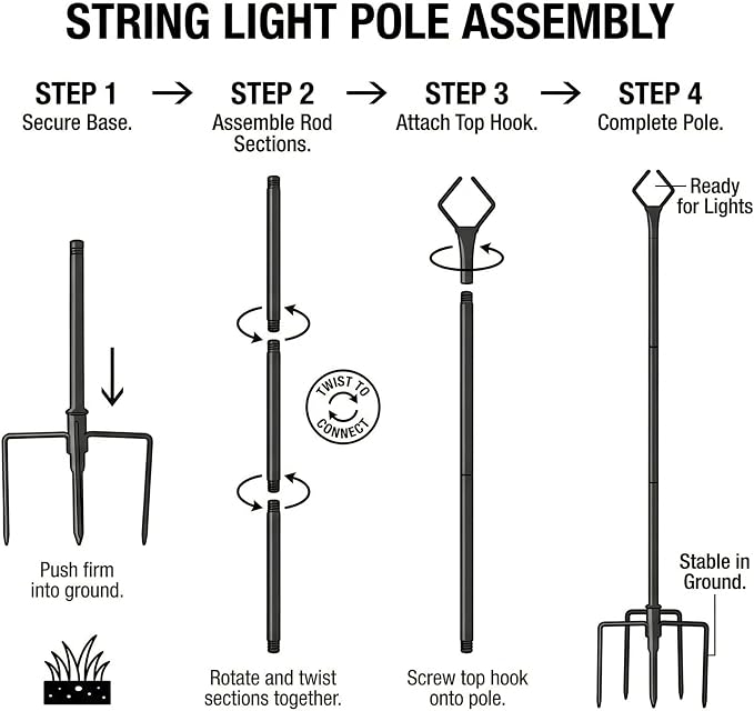 10FT Outdoor String Light Poles 6 Pack, Metal Light Stands with Fence Brackets for Hanging Lights, Patio, Pergola, Garden, Backyard, Yard & Camping Use