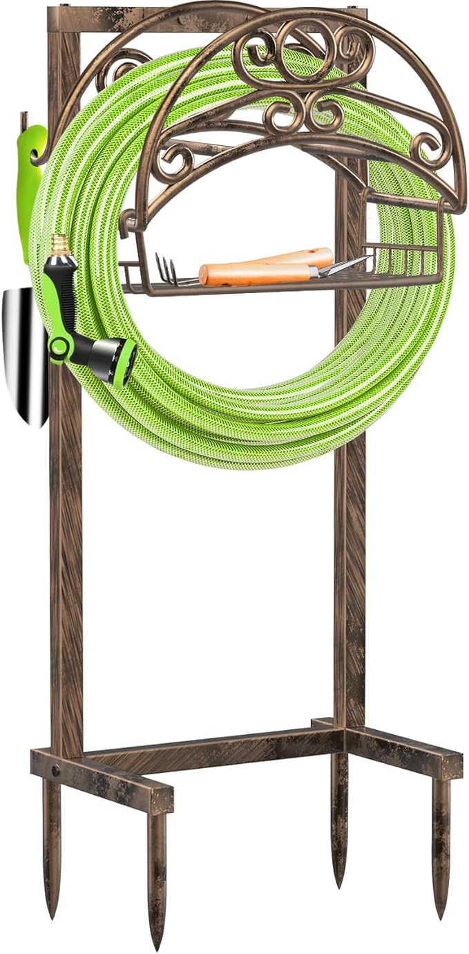 TomCare Garden Hose Holder Upgraded Detachable Water Hose Holder Thick Metal Hose Hanger Heavy Duty Free Standing Garden Hose Storage Hose Stand Decorative Hose Organizer for Outside, Bronze