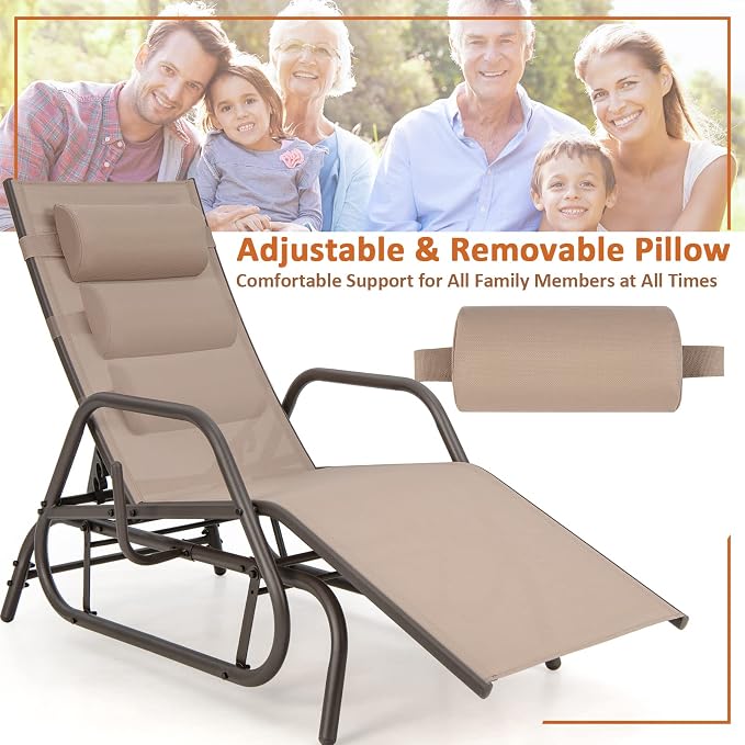 Tangkula Outdoor Glider Recliner Chair, Adjustable Backrest Patio Gliding Lounger with Armrests and Pillow, Outdoor Swinging Rocking Chair w/Breathable Fabric for Poolside, Backyard (1, Brown)