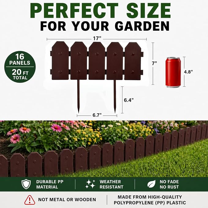 Evelyne Garden Border Edging: Wooden Grain Fence Dog Ear Design - Landscaping Fence Liner Lawn Edge Barrier - Decorative Lawn Landscape Panels Elements -Landscaping Edging (Brown, 20ft.)