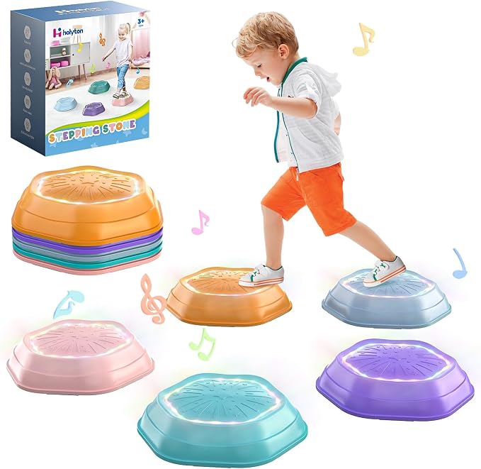 Holyton Musical Light Up Balance Stones for Kids, 5 Pack Sensory Stepping Stones with Rechargeable Batteries, Non-Slip Toddler Balance Toys for Ages 3-8, Indoor Outdoor Active Play, Pink