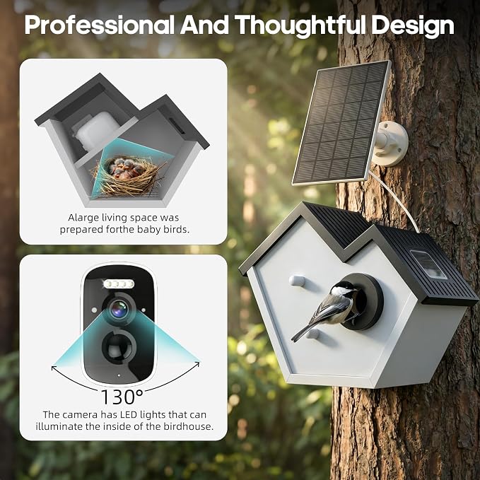 Wooden Bird House with Camera, 2K HD WiFi Smart Bird Feeder with AI Identify Birds Species & LED Light, Instant Alerts with Solar Powered Wireless Outdoor Birdhouse, Gifts for Bird Lovers