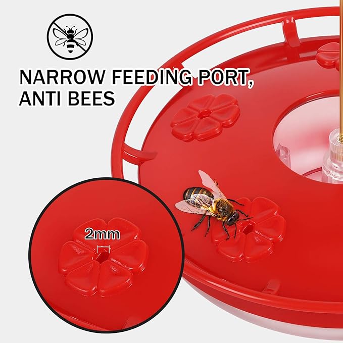 eWonLife Hummingbird Feeders for Outdoors, 16oz Leak-Proof Saucer Humming Bird Feeder with Integrated Ant Moat, Bee Proof 5 Feeding Ports, Brush, Easy Clean & Refill, Hanging Garden Yard Décor