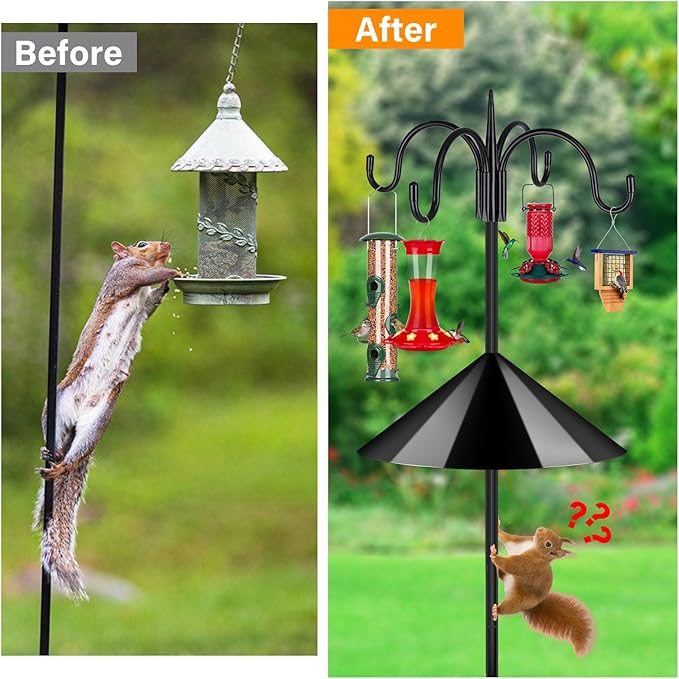FEED GARDEN Heavy Duty Shepherds Hook Squirrel-Proof Bird Feeder Pole 92" Four Hooks 5-Prong Base & 19" Baffle for Outdoor Feeders & Plants
