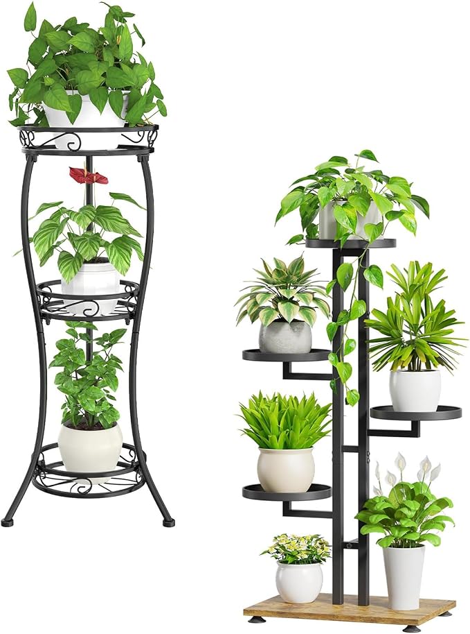 iDavosic.ly Plant Stand for Indoor Outdoor 2 Pack, 3 Tier Wrought Iron Vertical Flower Holder Shelf and 5 Layer Metal Pot Display Rack for Patio Porch Garden Living Room, Black