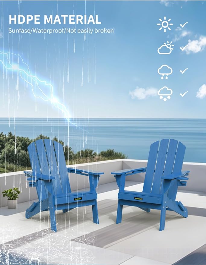 Folding Adirondack Chair, Wooden Textured Plastic Adirondack Chairs with 2 Cup Holder, Weather Resistant HDPE Fire Pit Chair, Outdoor Patio Chairs for Garden, Backyard, Lawn, Deck, 380LBS, Blue