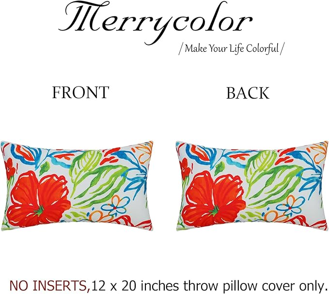 Merrycolor Set of 2 Outdoor Throw Pillow Covers Colorful Decorative Waterproof Outdoor Lumbar Pillows for Patio Furniture Tent Balcony Couch Sofa 12x20 Inch