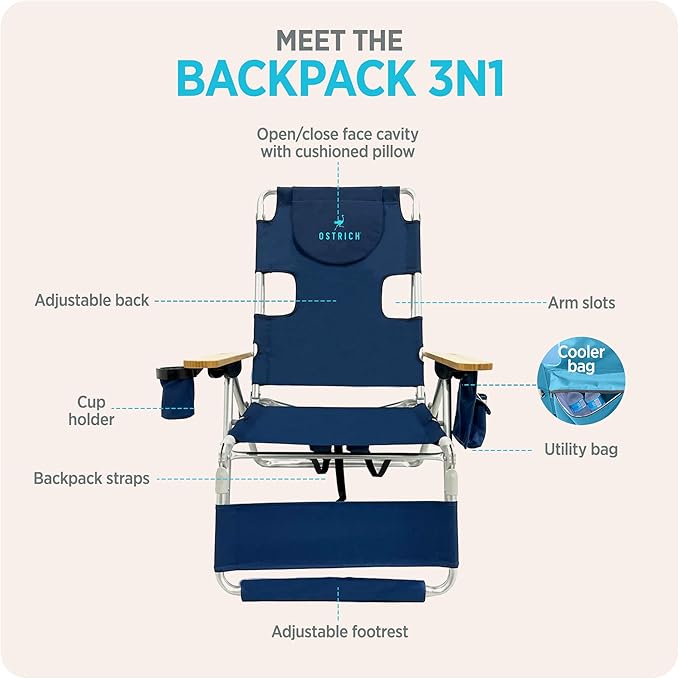 Ostrich the Woody Backpack 3N1 Portable Chair with Cooler Bag and Reclining Lounger for Tanning, Camping, Beach, and Outdoor Essential, Navy Blue