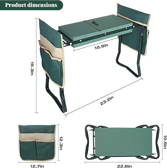 RAIN SPIRIT Garden Kneeler and Seat with Thicken & Widen Soft Kneeling Pad,Heavy Duty Gardening Bench Kneeler and seat Foldable Gardening Stool with 2 Tool Pouches，Gifts for Women, Seniors, Mom & Dad
