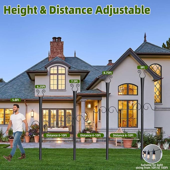 4 Pack Outdoor Patio Light Poles for String Lights, 10Ft Heavy Duty Metal String Light Poles with Shepherds Hooks for Hanging Plant & Bird Feeder, Deck Pole for Outdoor Strings Lights