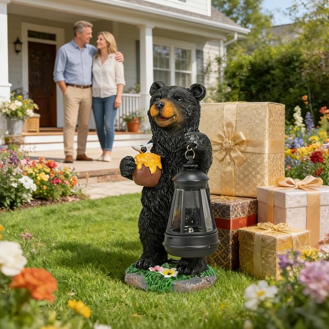 Pohabery Solar Bear Garden Statue with Lantern, Resin Bear Figurine for Outdoor Yard Lawn Porch Pathway Decor