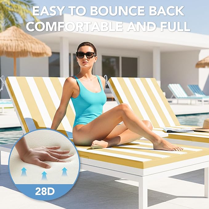 L'AGRATY Outdoor Lounge Chaise Cushion: 72x21x3 Inch Waterproof Lounge Chair Cushion for Outdoor Furniture with Fade Resistant Removable Cover - Patio Cushions for Pool Lawn Deck(Khaki White 2Pcs)