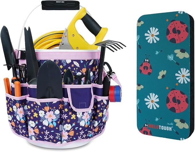 MELOTOUGH Bucket Caddy Organizer Bucket Tool Organizer for Garden Tools Fit 3.5 to 5 Gallon Bucket, Garden Kneeling Pad, 1" Thick Soft NBR Foam Kneeling Pads for Gardening, Cleaning, Work