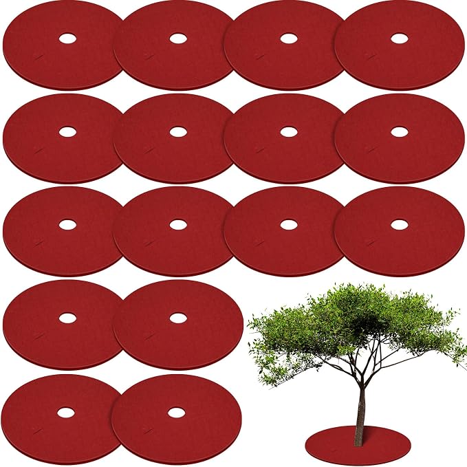 Shimeyao 16 Pcs 32. 2 Inch Non Woven Tree Mulch Ring Round Tree Weed Barrier Mat Reusable Landscape Protector Base Barrier Fabric for Weed Root Protection (Red)